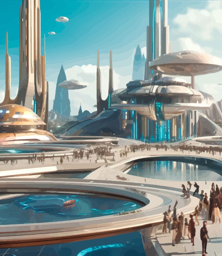 Celestial visuals in a futuristic natural haven.